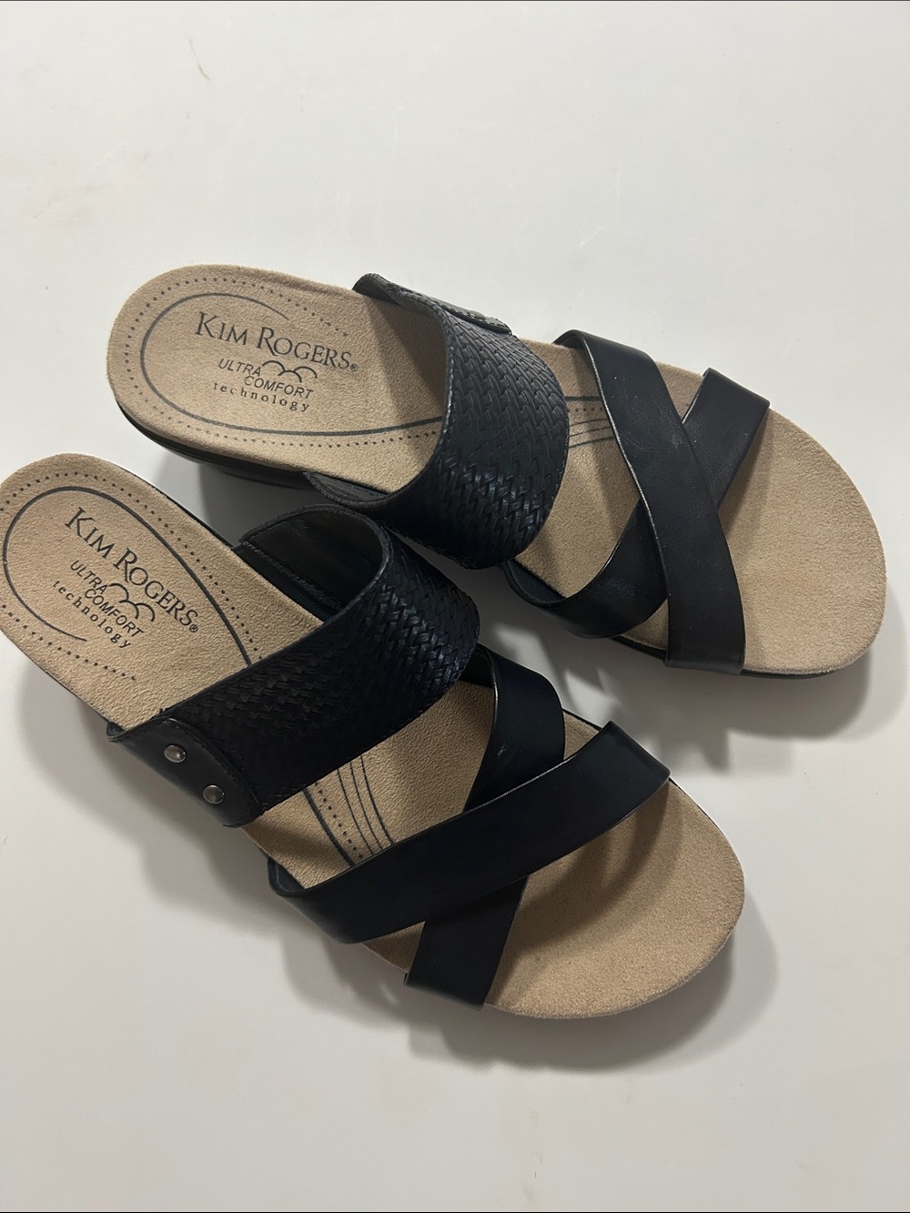 Kim Rogers, black strappy wedge slide sandals, size 8.5